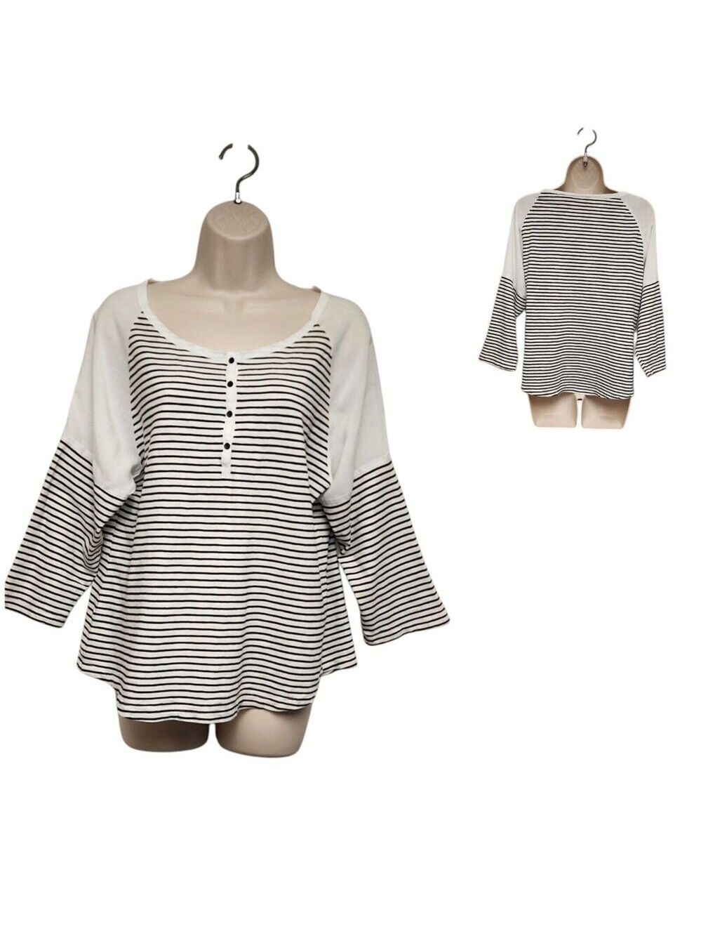 Chico's Zenergy Scoop Neck 3/4 Sleeve Cream/Black Striped Top Blouse 2 L(12-14)